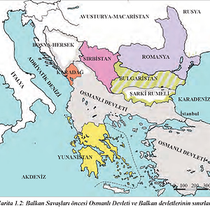 balkan savaşları öncesi Osmanlı Devleti ve Balkan devltlerinin sınırları.png